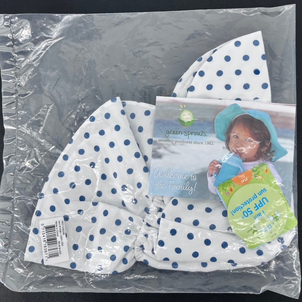 Green Sprouts Sun Protection Hat Kids 2T-4T White‎ Navy Polka Dot UPF 50+ New
